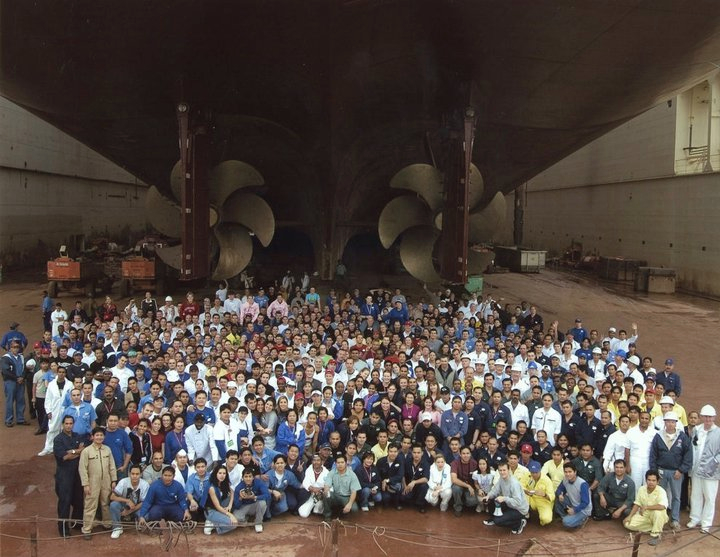 Full cast and crew of the Disney Wonder, underneath the ship during dry-dock.